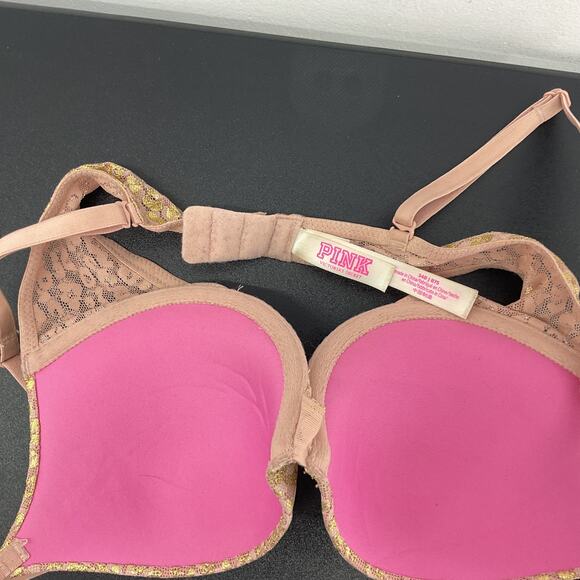Pink Beige & Gold Leopard Print Push Up Bra Womens Size 34B Nylon Blend Preowned - Picture 3 of 5